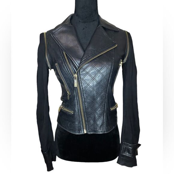 Badgley Mishka Real Leather Black Moto Biker Jacket Zip removable sleeves XS - Picture 1 of 16